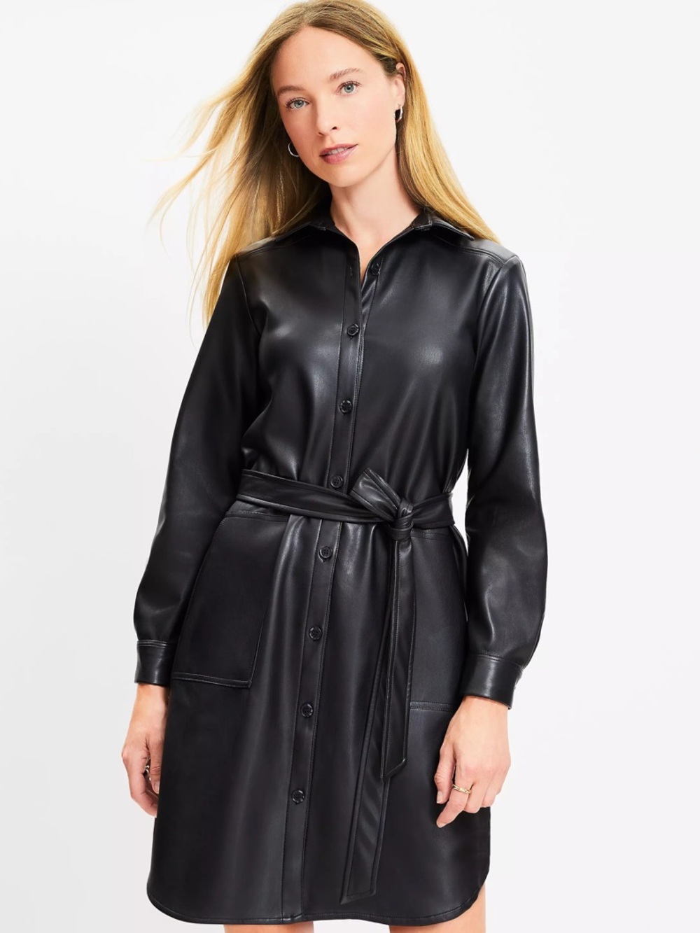LOFT Black Faux Leather Button-Front Shirt Dress